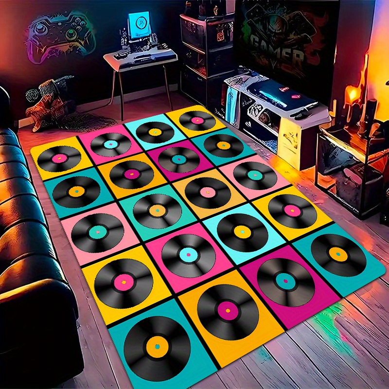 Retro Gaming Lounge - พรมลายแผ่นเสียงไวนิลสไตล์เรโทร ป๊อปอาร์ต สีสันสดใส ธีมดนตรี สำหรับห้องเล่นเกมส์ ตกแต่งห้องสตูดิโอ