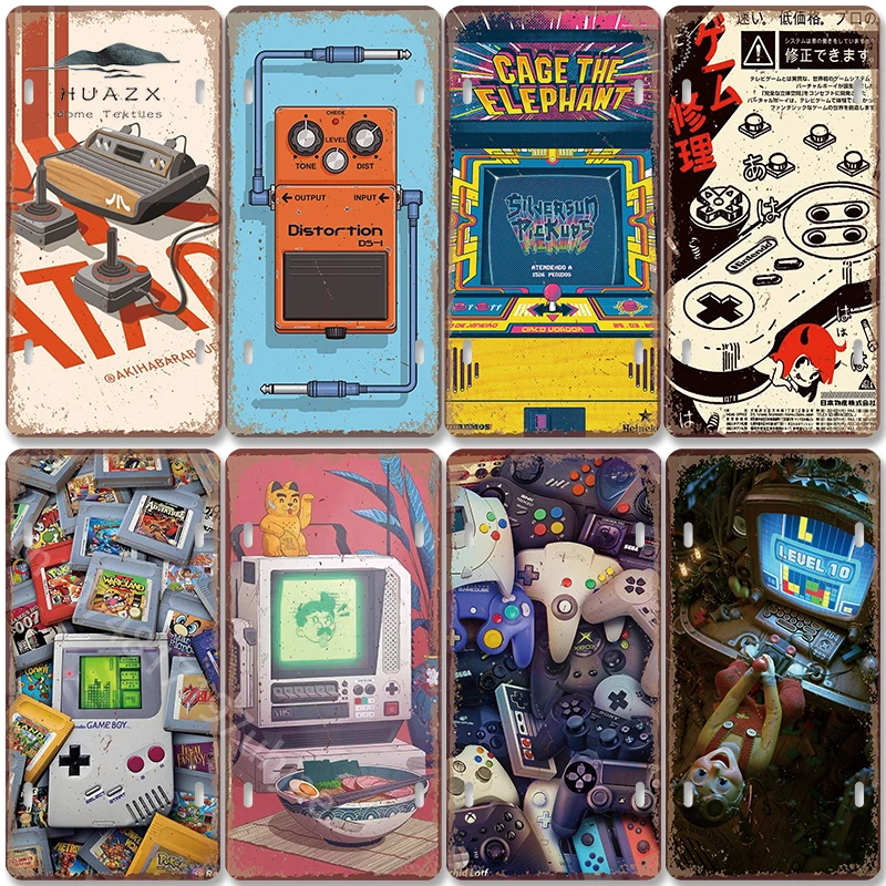 Retro Gaming For Tv - ป้ายโลหะวินเทจลายเกมส์ คอนโซลเกมส์เก๋ๆ ทีวี 8 บิต พิกเซล
