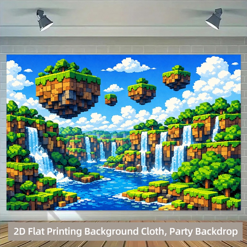 Retro Gaming Banner - แบนเนอร์ฉากหลัง 2D แบบแบน 1 ชิ้น ลายพิกเซลน้ำตกและเกาะลอยน้ำ
