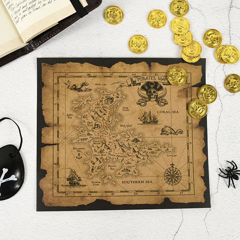Retro Gaming Decor - แผนที่ล่าสมบัติโจรสลัด โปสเตอร์กระดาษคราฟท์สไตล์เรโทร แผนที่เกมล่าสมบัติสำหรับเด็ก ของตกแต่งฮาโลวีน ของเล่น อุปกรณ์จัดปาร์ตี้วันหยุด
